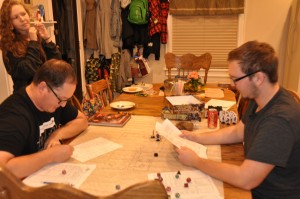 D&D.  Stephen & James broke out a new campaign tonight and had Faith join them.  Something about needing more characters to fight monsters alongside them or something.  It was so nice tonight to feel like we could blog and play.  Yay for sleeping toddlers!